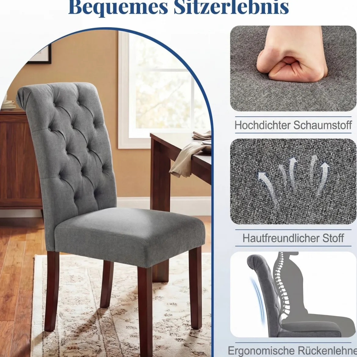 2er Set Esszimmerstühle mit Gepolsterter Sitzfläche & Rückenlehne Polsterstühle Essstühle Grau