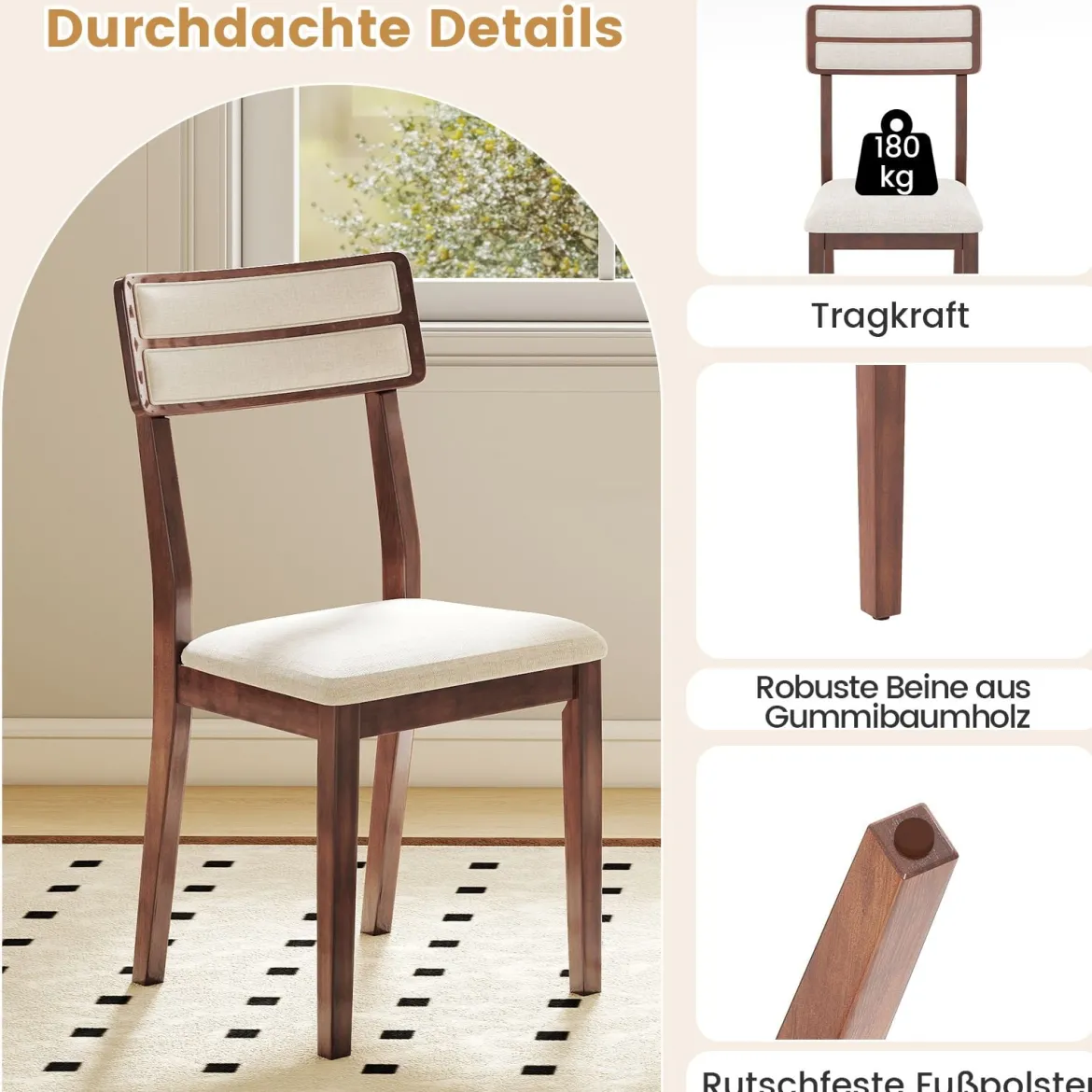2er Set Esszimmerstühle mit Gepolstertem Sitz & Gummibaumholzbeinen Küchenstühle Essstuhl Walnuss
