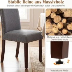 2er Set Esszimmerstühle mit Gepolsterter Sitzfläche & Rückenlehne & Gummiholzbeine Polsterstühle Grau