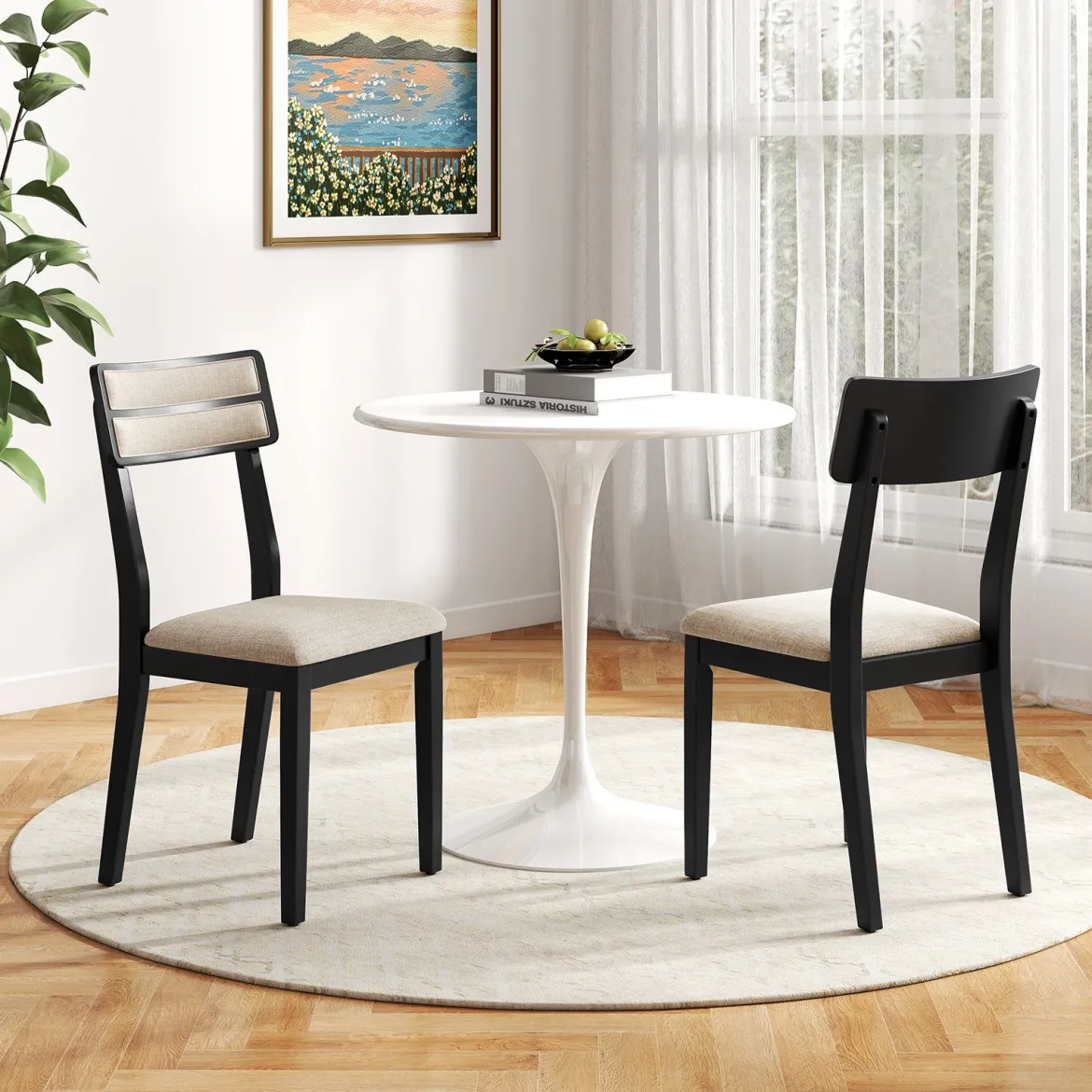 2er Set Esszimmerstühle mit Gepolstertem Sitz & Gummibaumholzbeinen Küchenstühle Essstuhl Schwarz