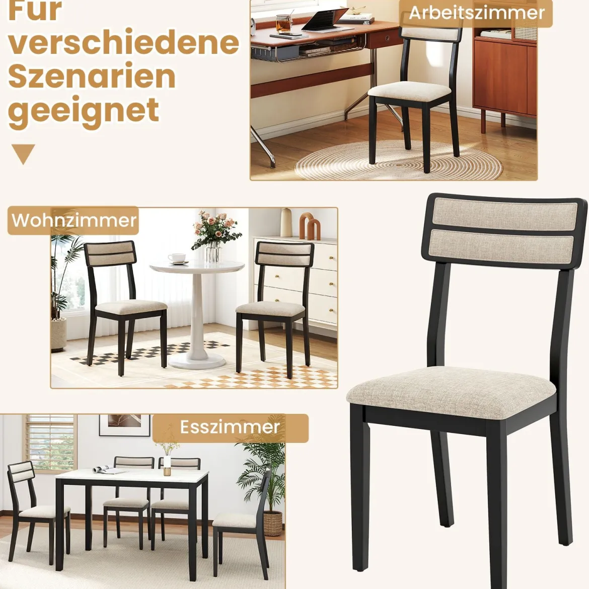 2er Set Esszimmerstühle mit Gepolstertem Sitz & Gummibaumholzbeinen Küchenstühle Essstuhl Schwarz