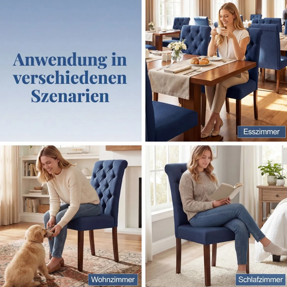 2er Set Esszimmerstühle mit Gepolsterter Sitzfläche & Rückenlehne Polsterstühle Essstühle Blau