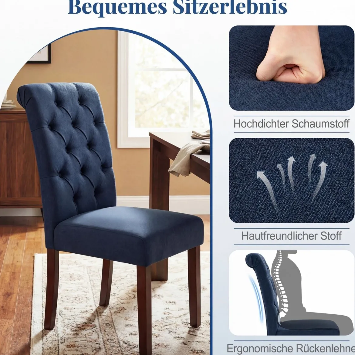 2er Set Esszimmerstühle mit Gepolsterter Sitzfläche & Rückenlehne Polsterstühle Essstühle Blau