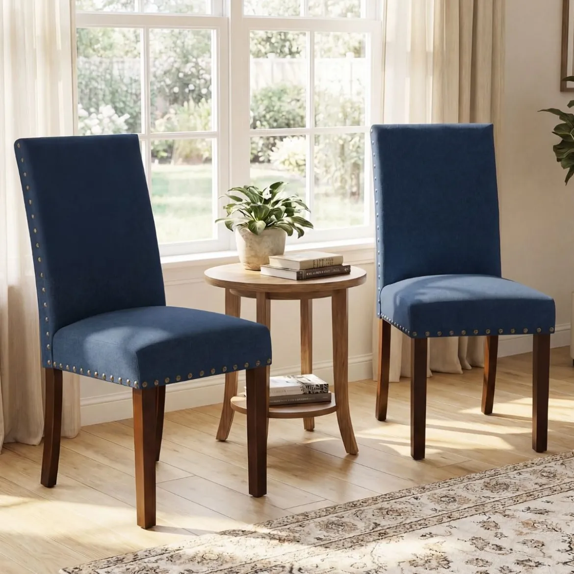 2er Set Esszimmerstühle mit Gepolsterter Sitzfläche & Rückenlehne & Gummiholzbeine Polsterstühle Blau