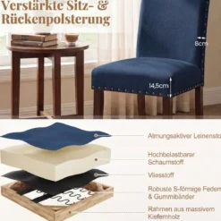 2er Set Esszimmerstühle mit Gepolsterter Sitzfläche & Rückenlehne & Gummiholzbeine Polsterstühle Blau