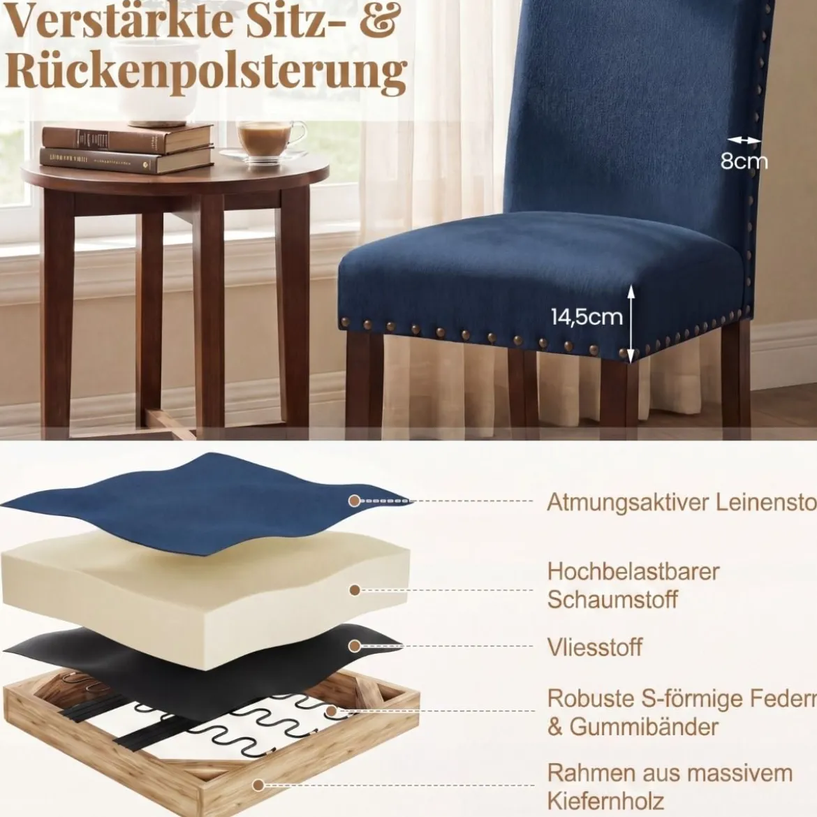 2er Set Esszimmerstühle mit Gepolsterter Sitzfläche & Rückenlehne & Gummiholzbeine Polsterstühle Blau