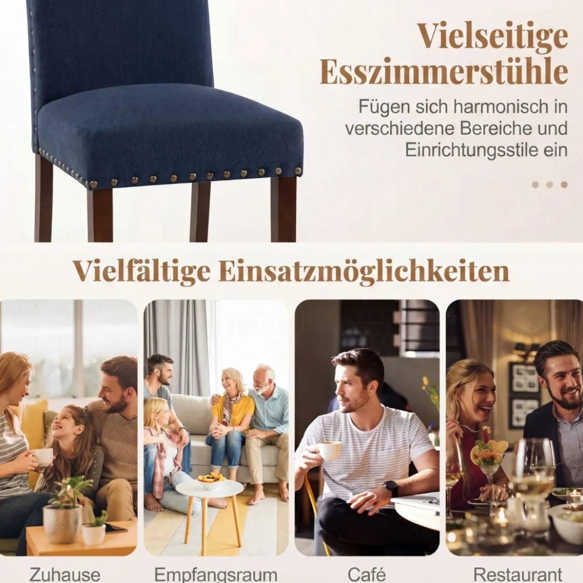 2er Set Esszimmerstühle mit Gepolsterter Sitzfläche & Rückenlehne & Gummiholzbeine Polsterstühle Blau