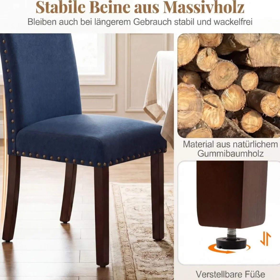 2er Set Esszimmerstühle mit Gepolsterter Sitzfläche & Rückenlehne & Gummiholzbeine Polsterstühle Blau