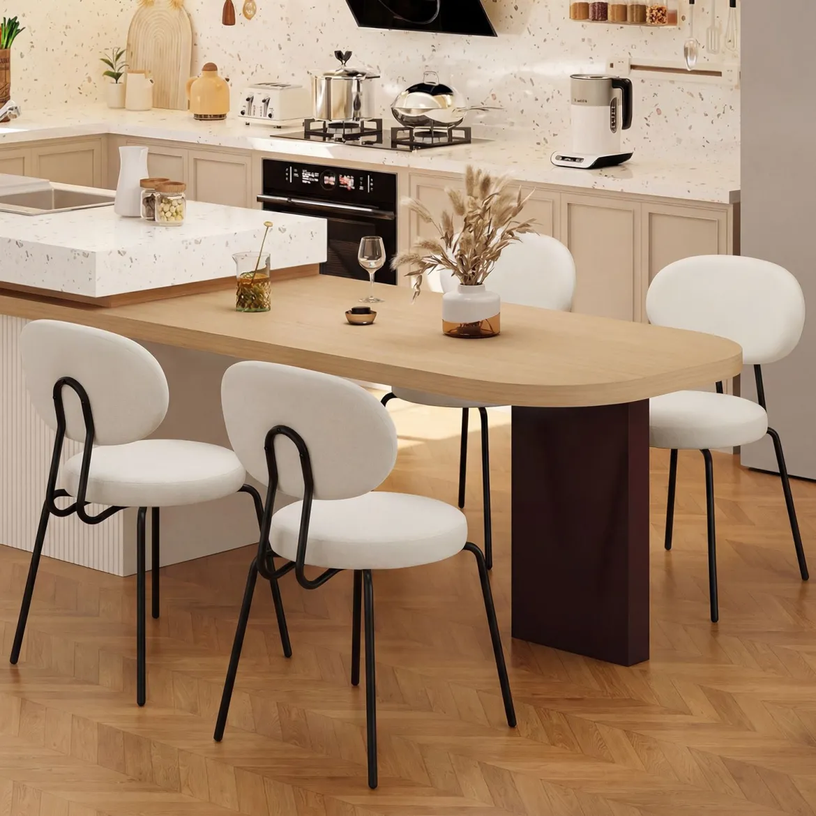 2er Set Esszimmerstühle mit Gepolsterter Sitzfläche & Rückenlehne Küchenstühle Essstühle Beige
