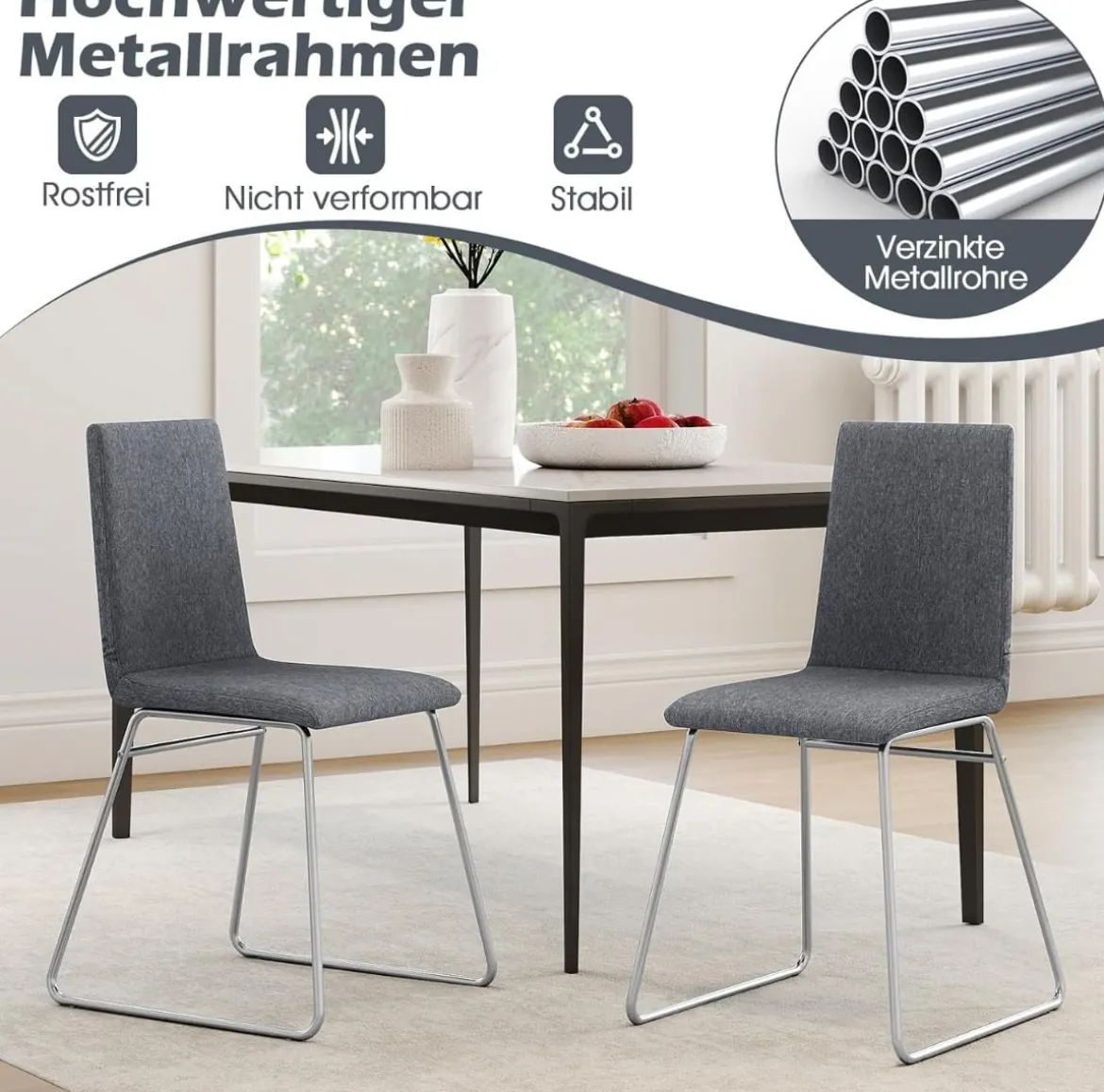 2er Set Esszimmerstühle mit Klappbarer Rückenlehne & Metallrahmen Gepolsterter Küchenstuhl