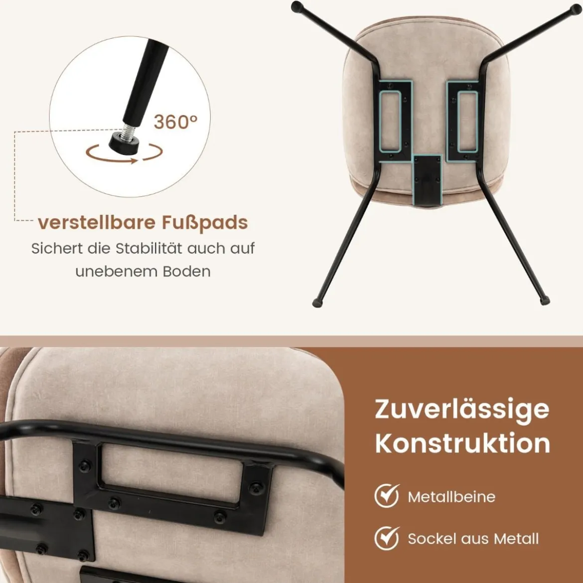 2er Set Esszimmerstühle mit Metallgestell Küchenstuhl Polsterstuhl 49 x 65 x 87 cm Kaffee
