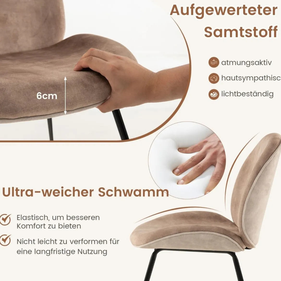 2er Set Esszimmerstühle mit Metallgestell Küchenstuhl Polsterstuhl 49 x 65 x 87 cm Kaffee