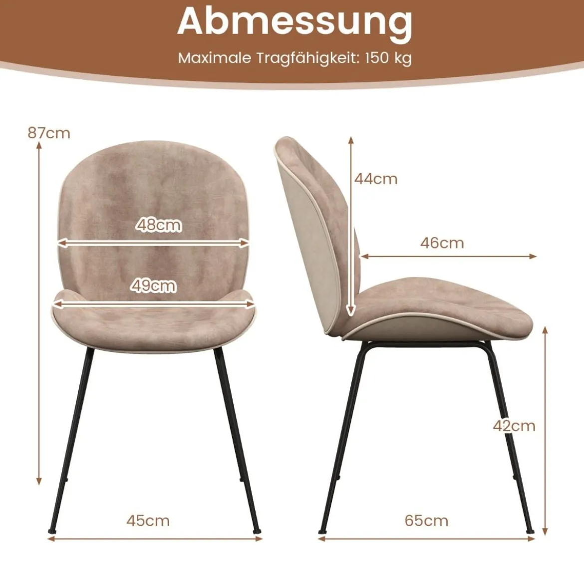2er Set Esszimmerstühle mit Metallgestell Küchenstuhl Polsterstuhl 49 x 65 x 87 cm Kaffee