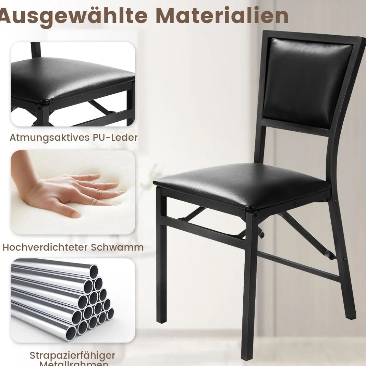 2er Set Esszimmerstühle mit Metallrahmen Klappbare Polsterstühle Küchenstühle