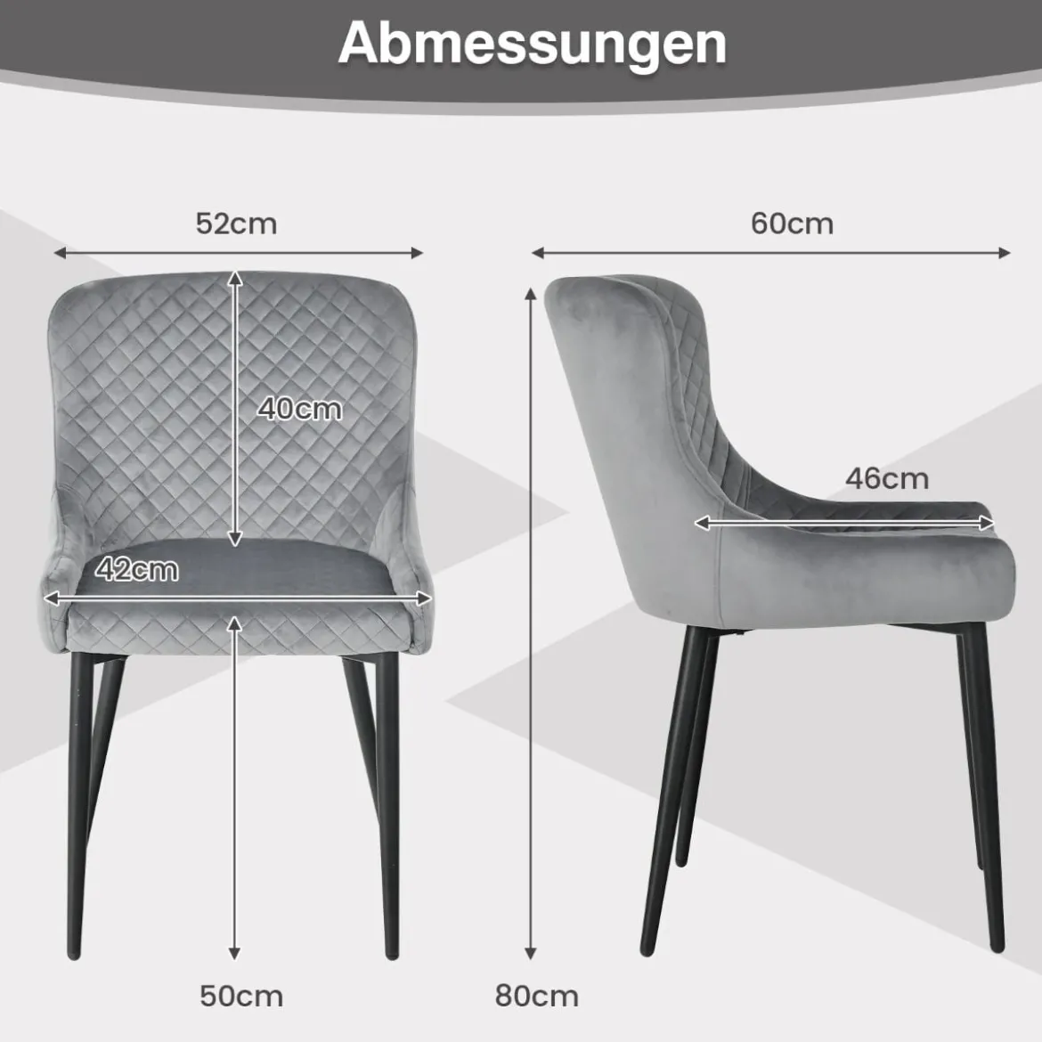 2er Set Esszimmerstühle mit Rücklehne und Metallbeinen Polsterstuhl Grau