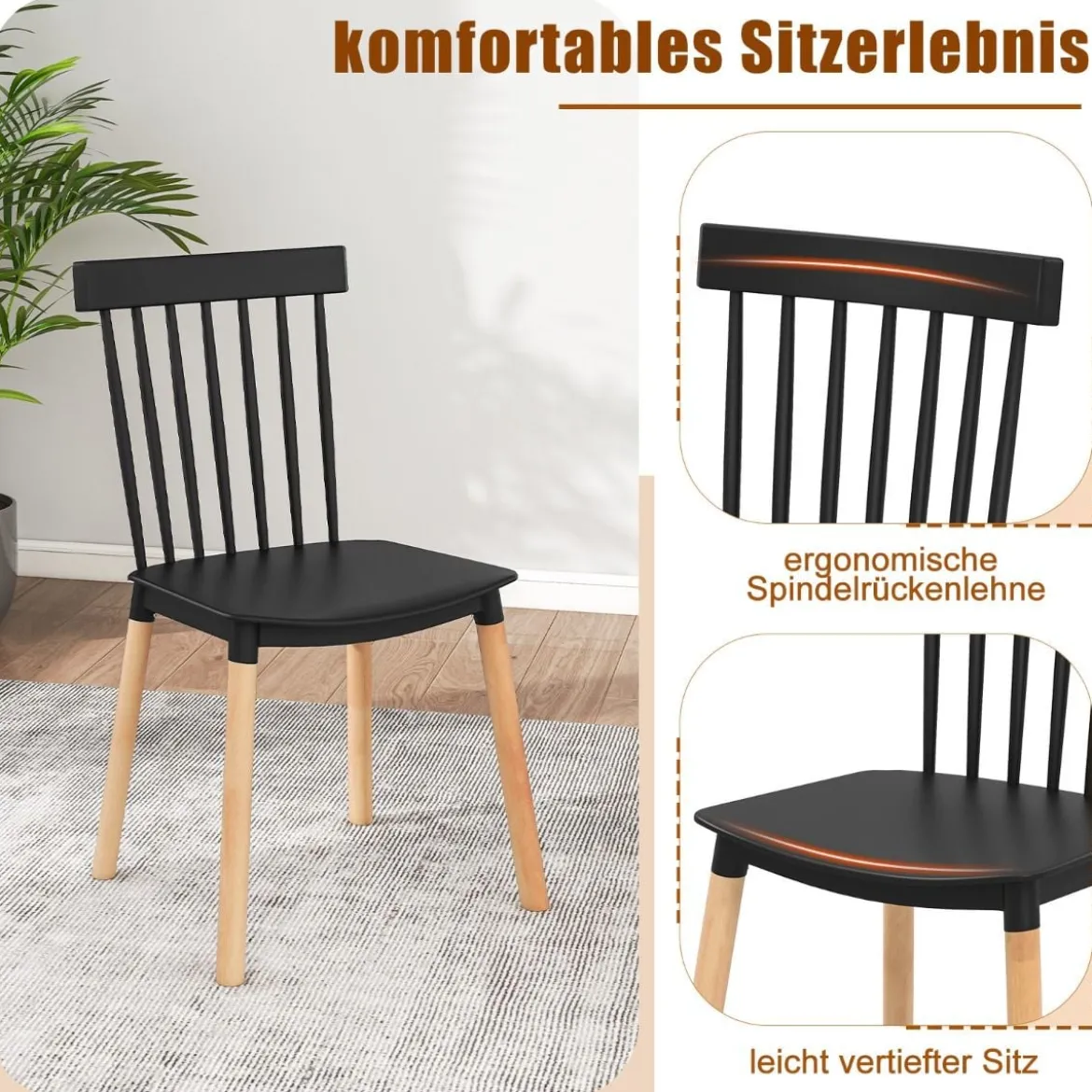 4er Set Esszimmerstühle mit Spindelrückenlehnen & Gebogenen Sitzen Armlose Stühle