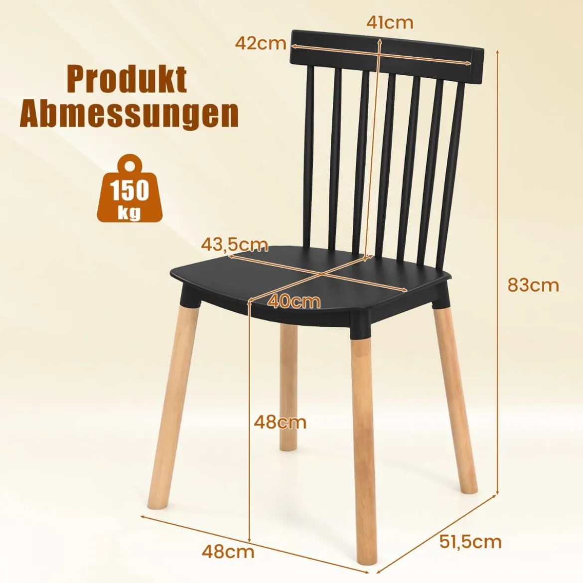 4er Set Esszimmerstühle mit Spindelrückenlehnen & Gebogenen Sitzen Armlose Stühle
