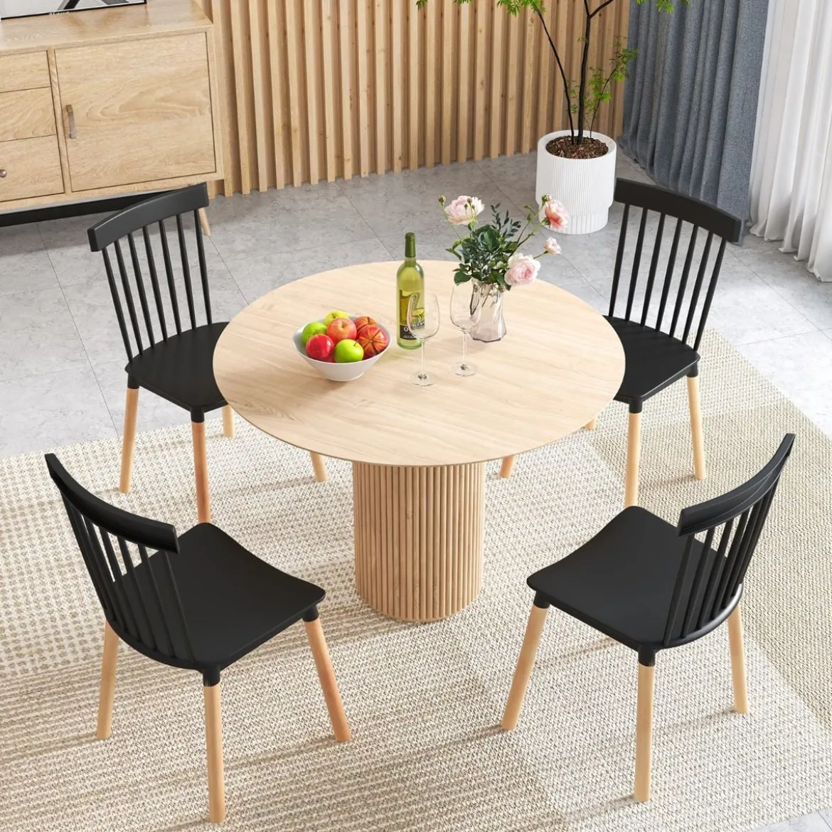 4er Set Esszimmerstühle mit Spindelrückenlehnen & Gebogenen Sitzen Armlose Stühle