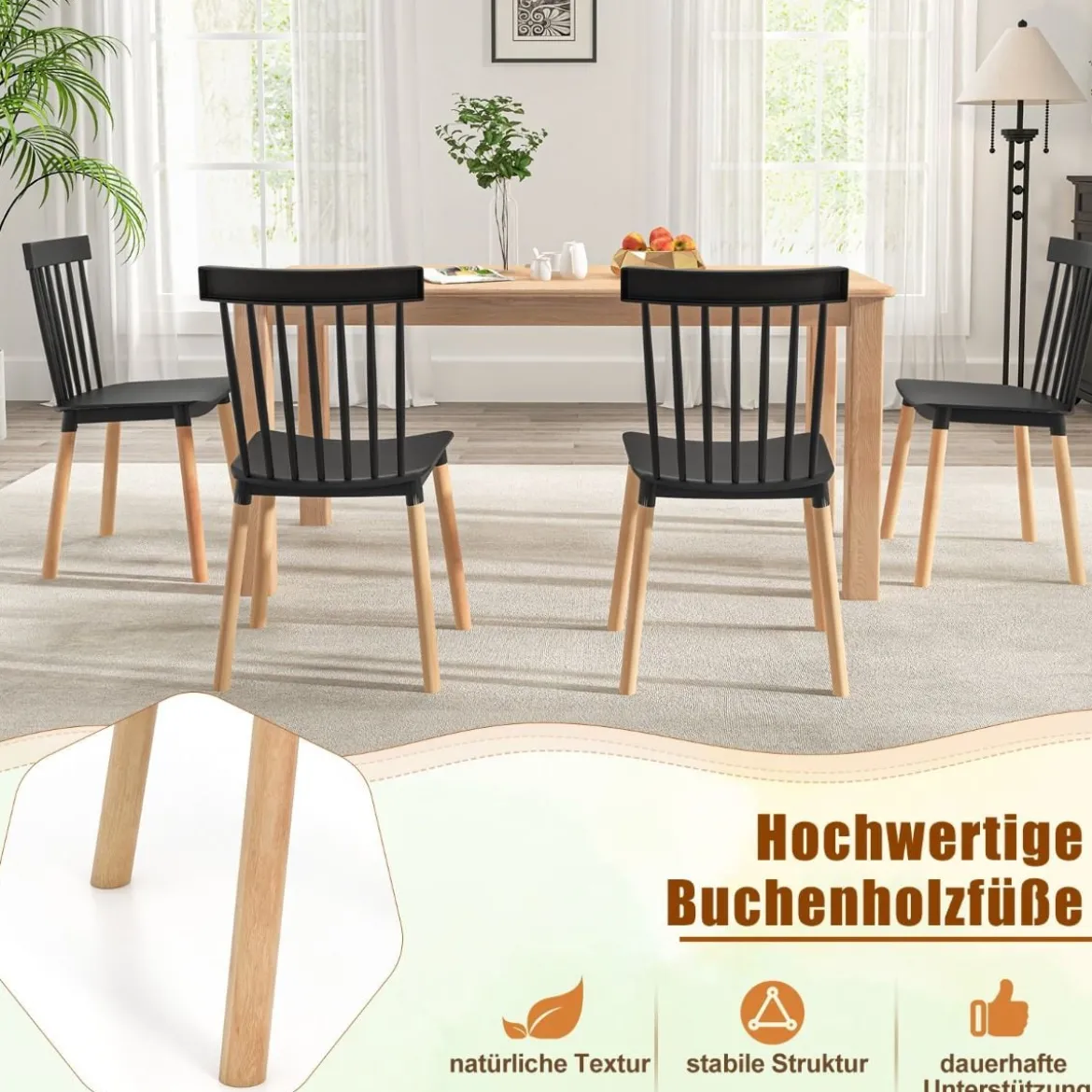 4er Set Esszimmerstühle mit Spindelrückenlehnen & Gebogenen Sitzen Armlose Stühle