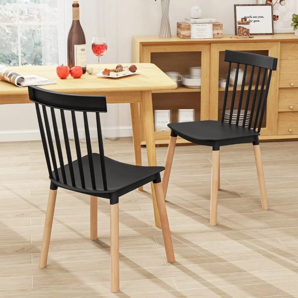 4er Set Esszimmerstühle mit Spindelrückenlehnen & Gebogenen Sitzen Armlose Stühle