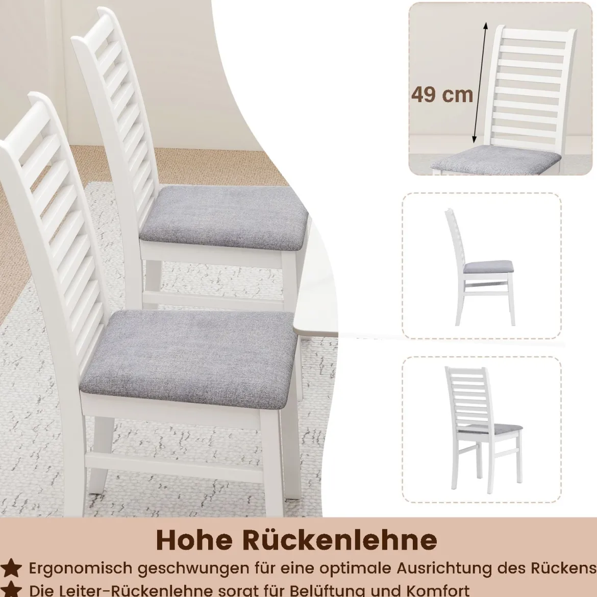 2er Set Esszimmerstühlen gepolsterte Küchenstühle ohne Armlehnen mit Gummibaumholz-Beinen Weiß+Grau