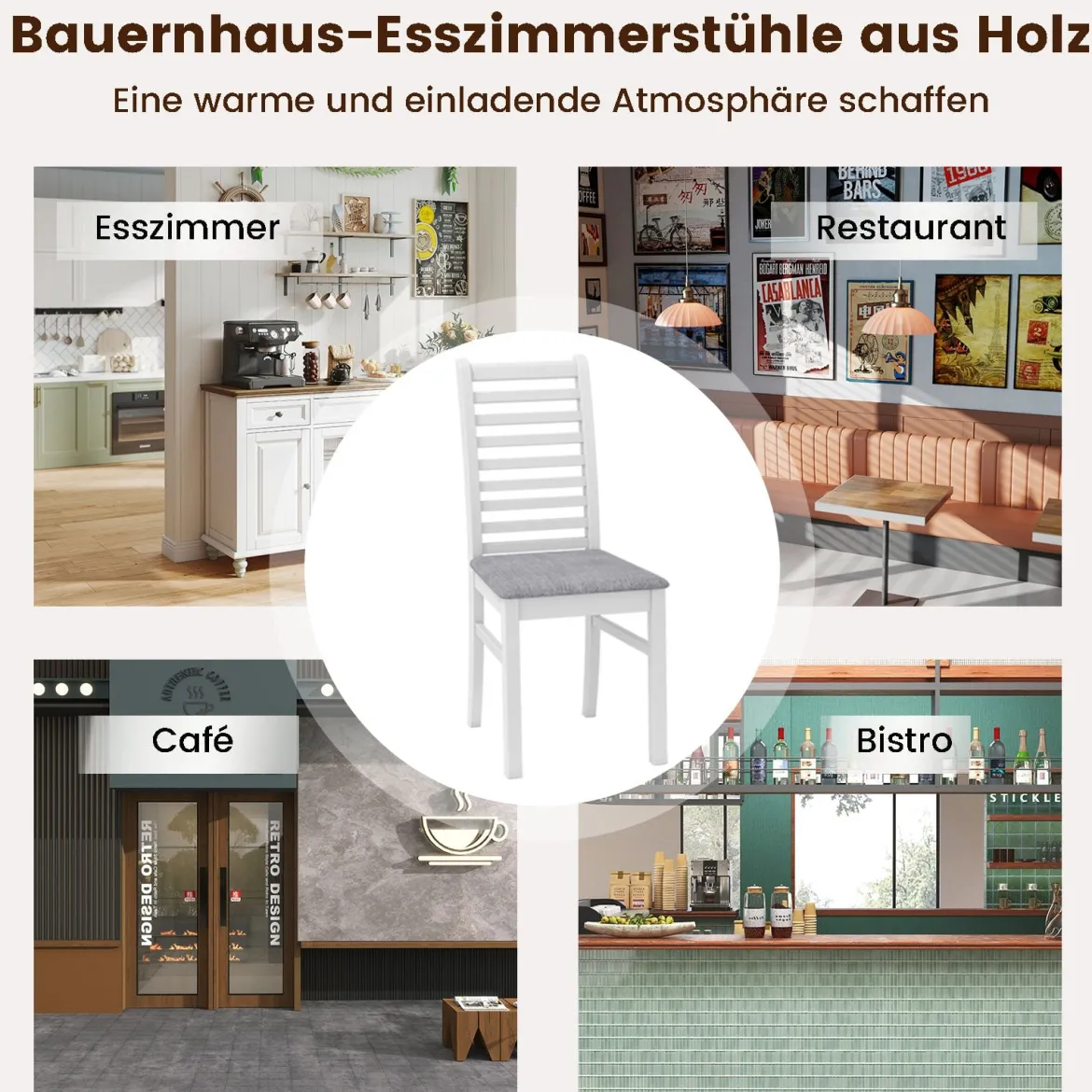 2er Set Esszimmerstühlen gepolsterte Küchenstühle ohne Armlehnen mit Gummibaumholz-Beinen Weiß+Grau