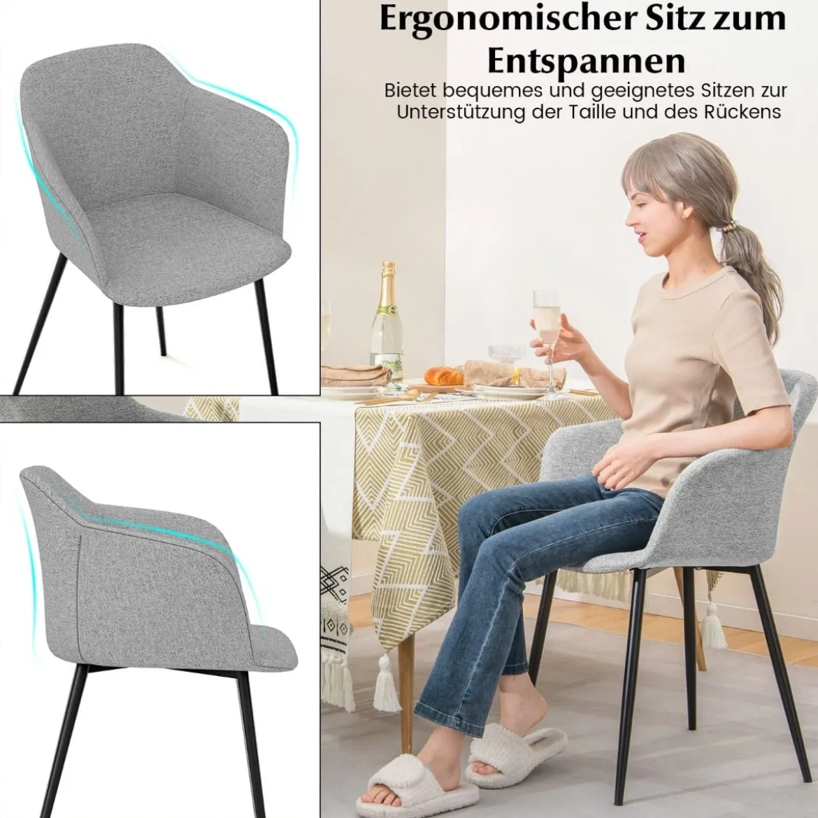 2er Set Esszimmerstühle Polsterstuhl mit ergonomischer Rückenlehne Gebrochenem Hellgrau