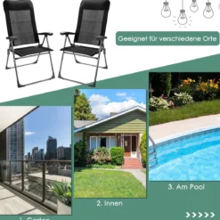 2er-Set Esszimmerstühle tragbare Campingstühle mit verstellbarer Rückenlehne Klappsessel Schwarz