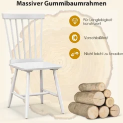 2er Set Esszimmerstühle Windsor Stuhl aus Holz mit Hoher Rückenlehne & Fußstütze Weiß