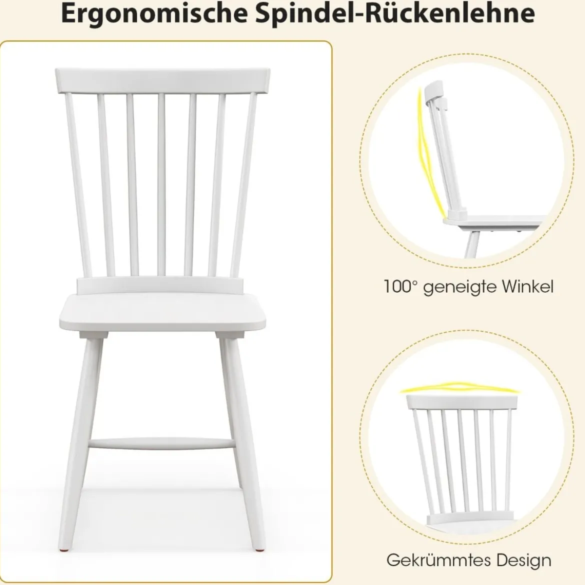 2er Set Esszimmerstühle Windsor Stuhl aus Holz mit Hoher Rückenlehne & Fußstütze Weiß