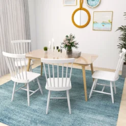 2er Set Esszimmerstühle Windsor Stuhl aus Holz mit Hoher Rückenlehne & Fußstütze Weiß