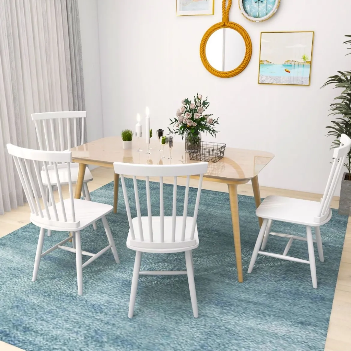 2er Set Esszimmerstühle Windsor Stuhl aus Holz mit Hoher Rückenlehne & Fußstütze Weiß
