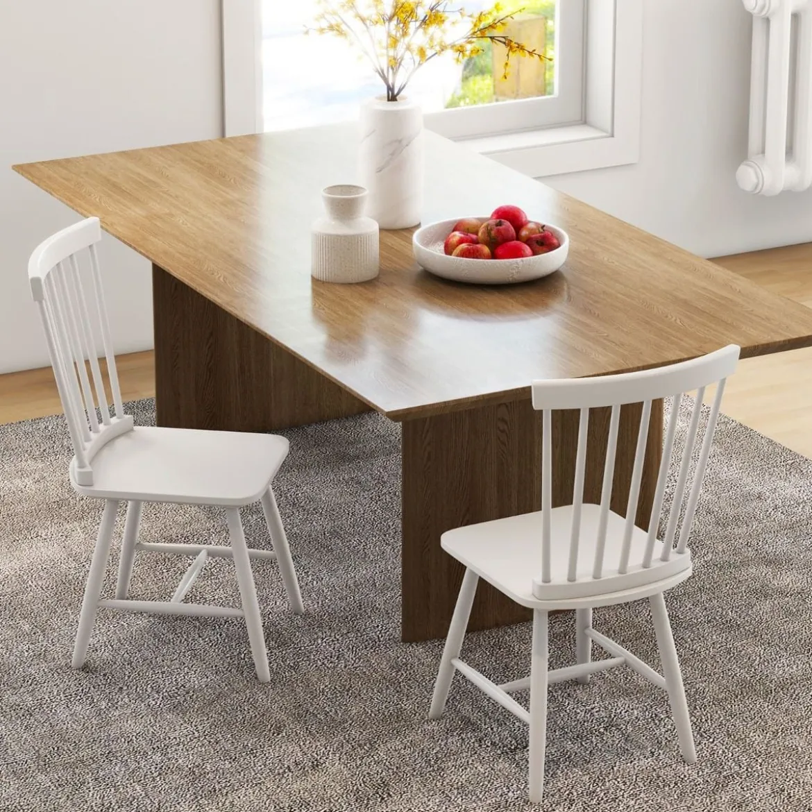 2er Set Esszimmerstühle Windsor Stuhl aus Holz mit Hoher Rückenlehne & Fußstütze Weiß