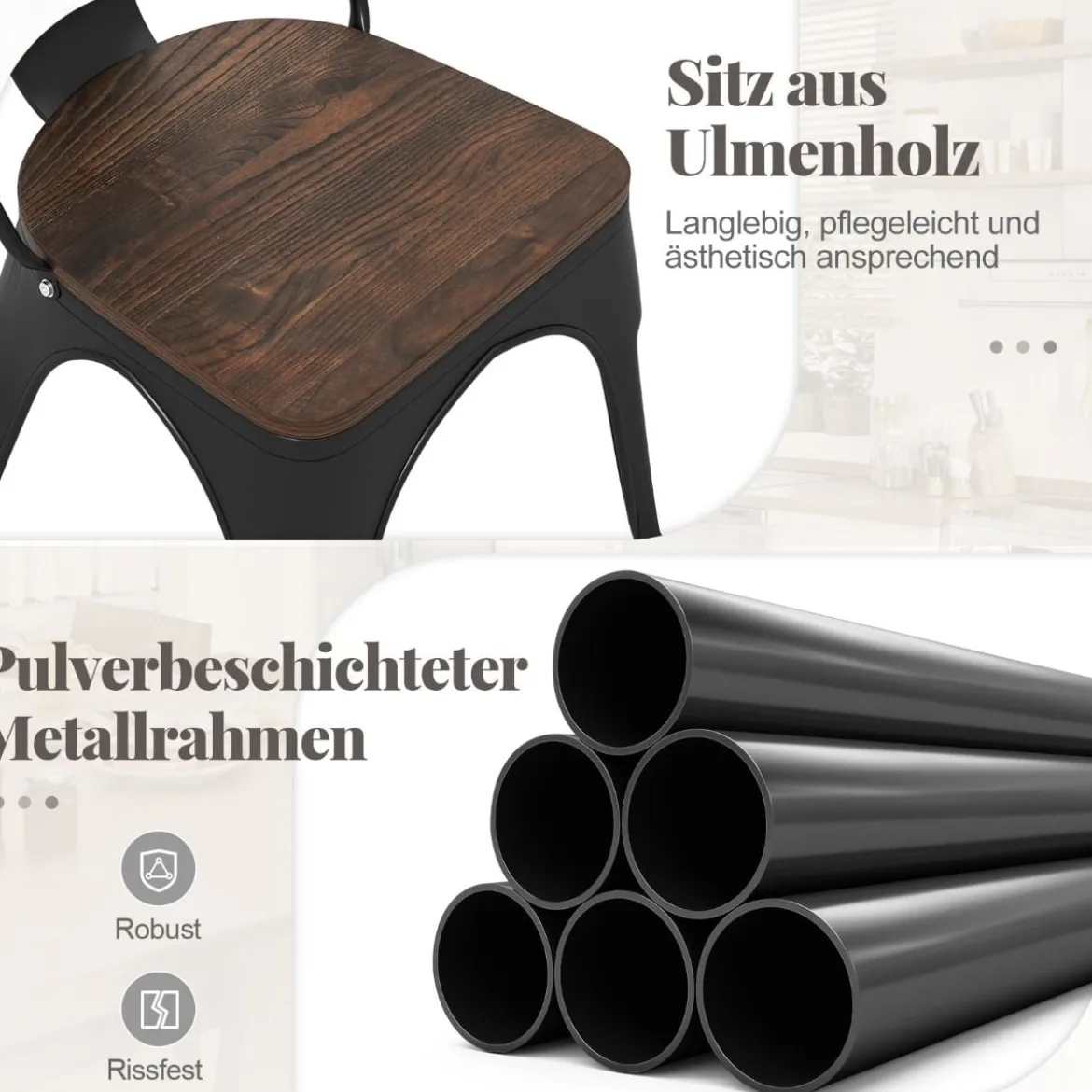 4er Set Esszimmerstuhl aus Metall Stapelbarer Barhocker Bistrostuhl bis 120kg Belastbar Schwarz