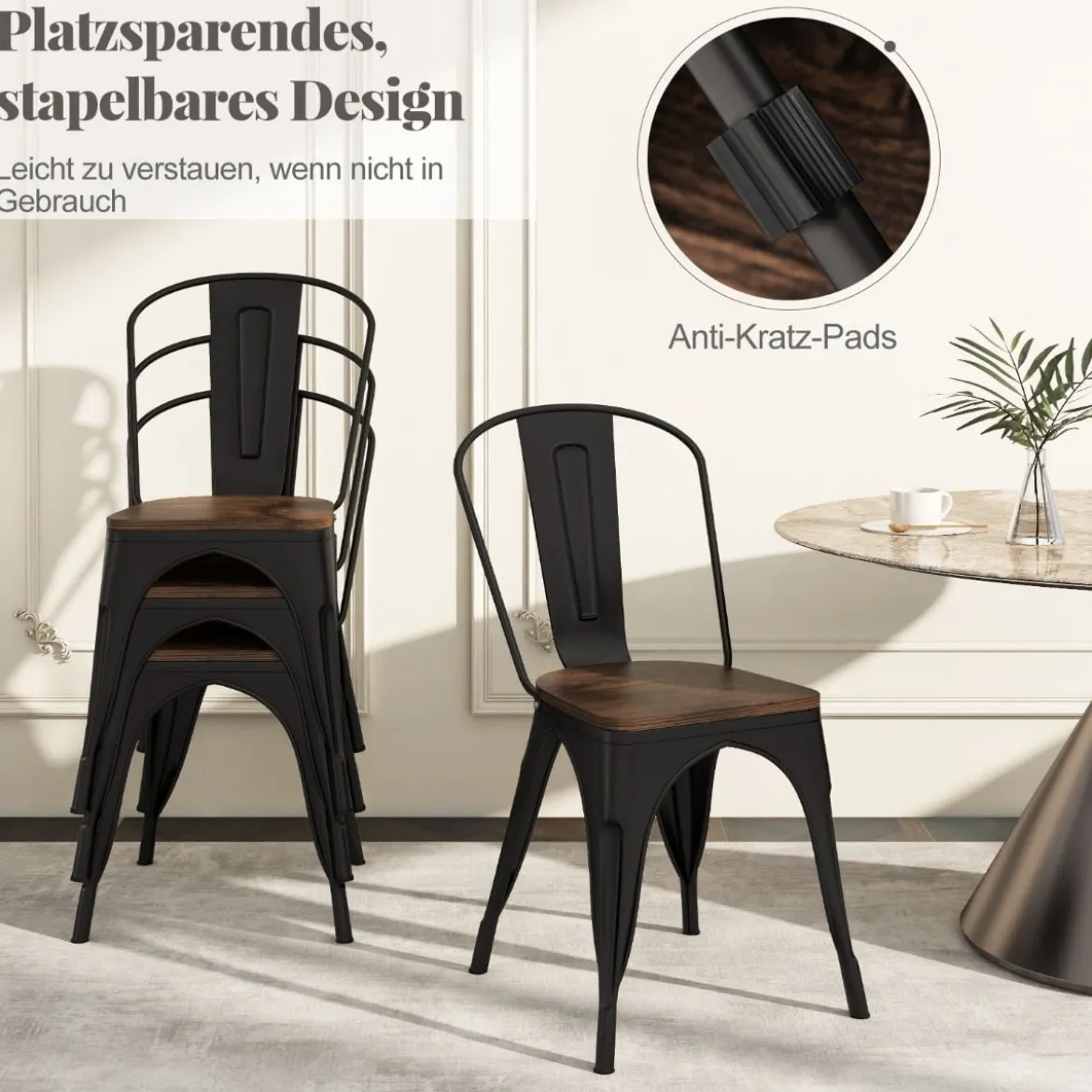 4er Set Esszimmerstuhl aus Metall Stapelbarer Barhocker Bistrostuhl bis 120kg Belastbar Schwarz