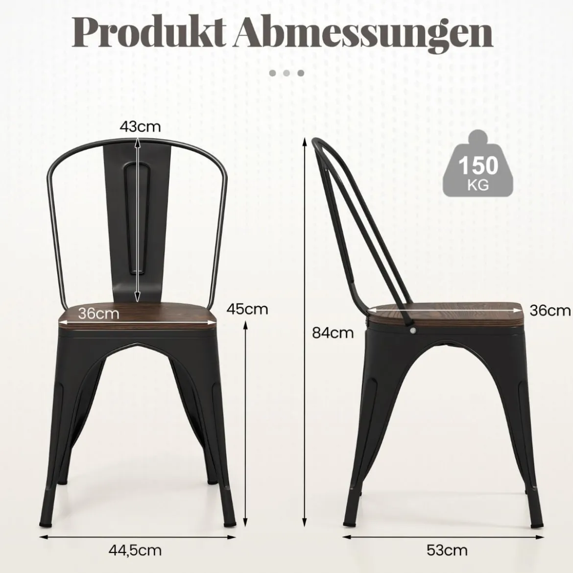 4er Set Esszimmerstuhl aus Metall Stapelbarer Barhocker Bistrostuhl bis 120kg Belastbar Schwarz