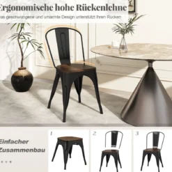 4er Set Esszimmerstuhl aus Metall Stapelbarer Barhocker Bistrostuhl bis 120kg Belastbar Schwarz