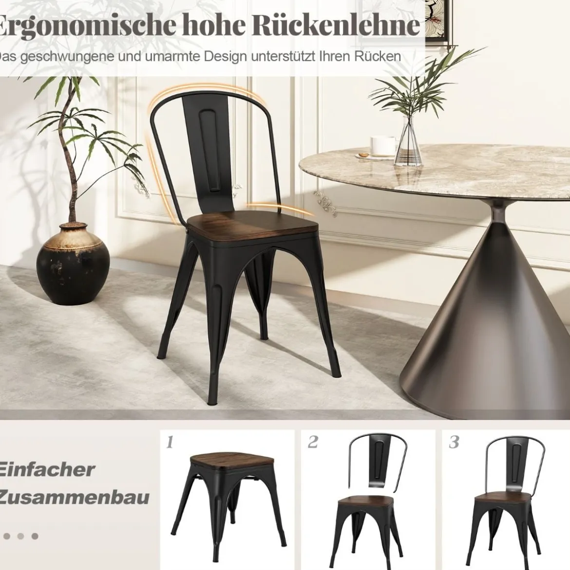 4er Set Esszimmerstuhl aus Metall Stapelbarer Barhocker Bistrostuhl bis 120kg Belastbar Schwarz