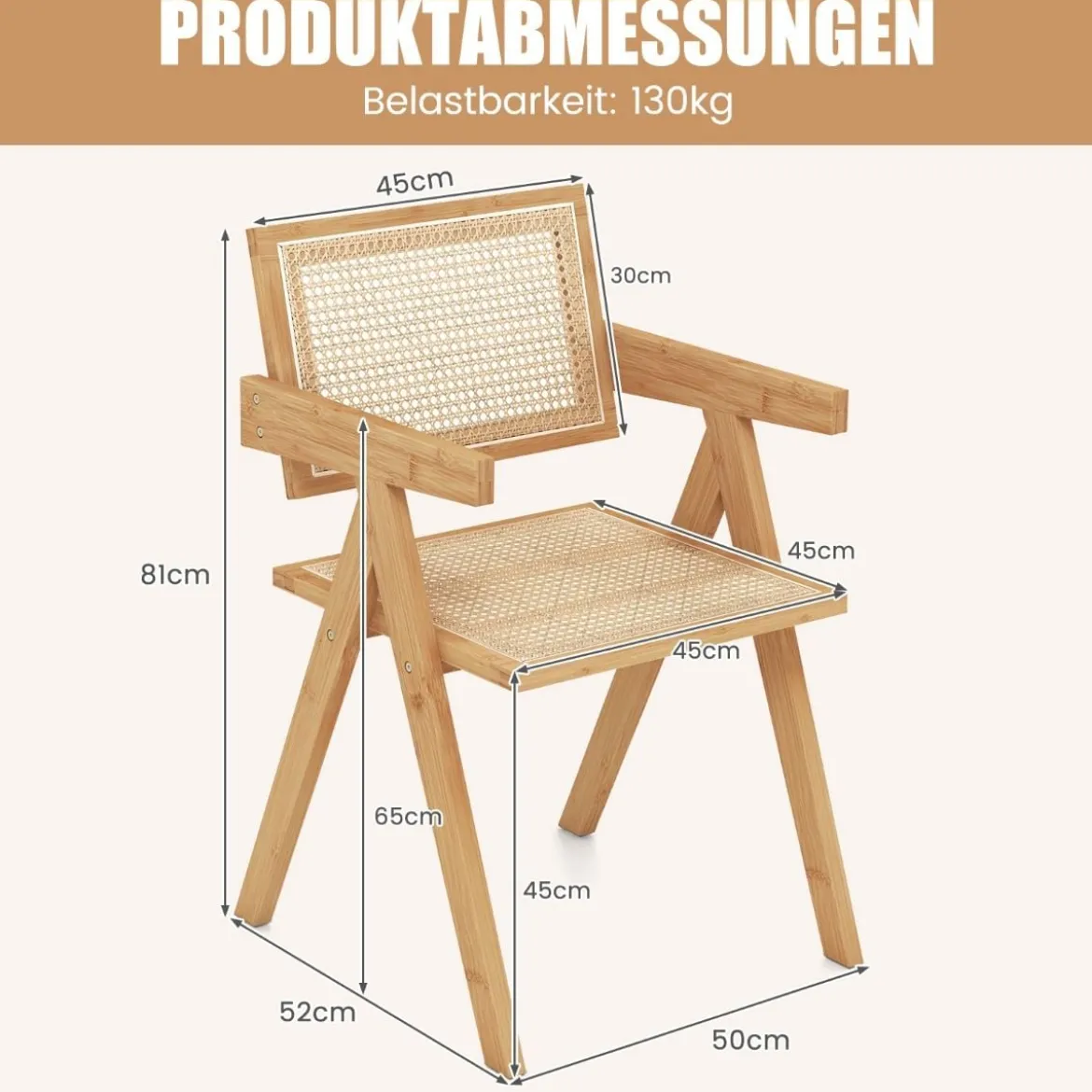 4er Set Esszimmerstuhl Küchenstuhl aus Bambus & simulierter Rattan 50 x 52 x 81cm Natur