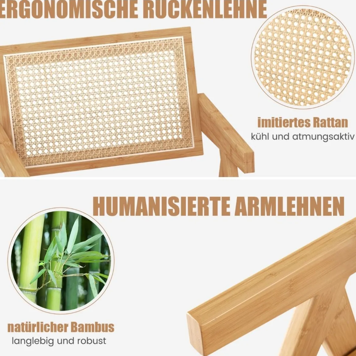 4er Set Esszimmerstuhl Küchenstuhl aus Bambus & simulierter Rattan 50 x 52 x 81cm Natur