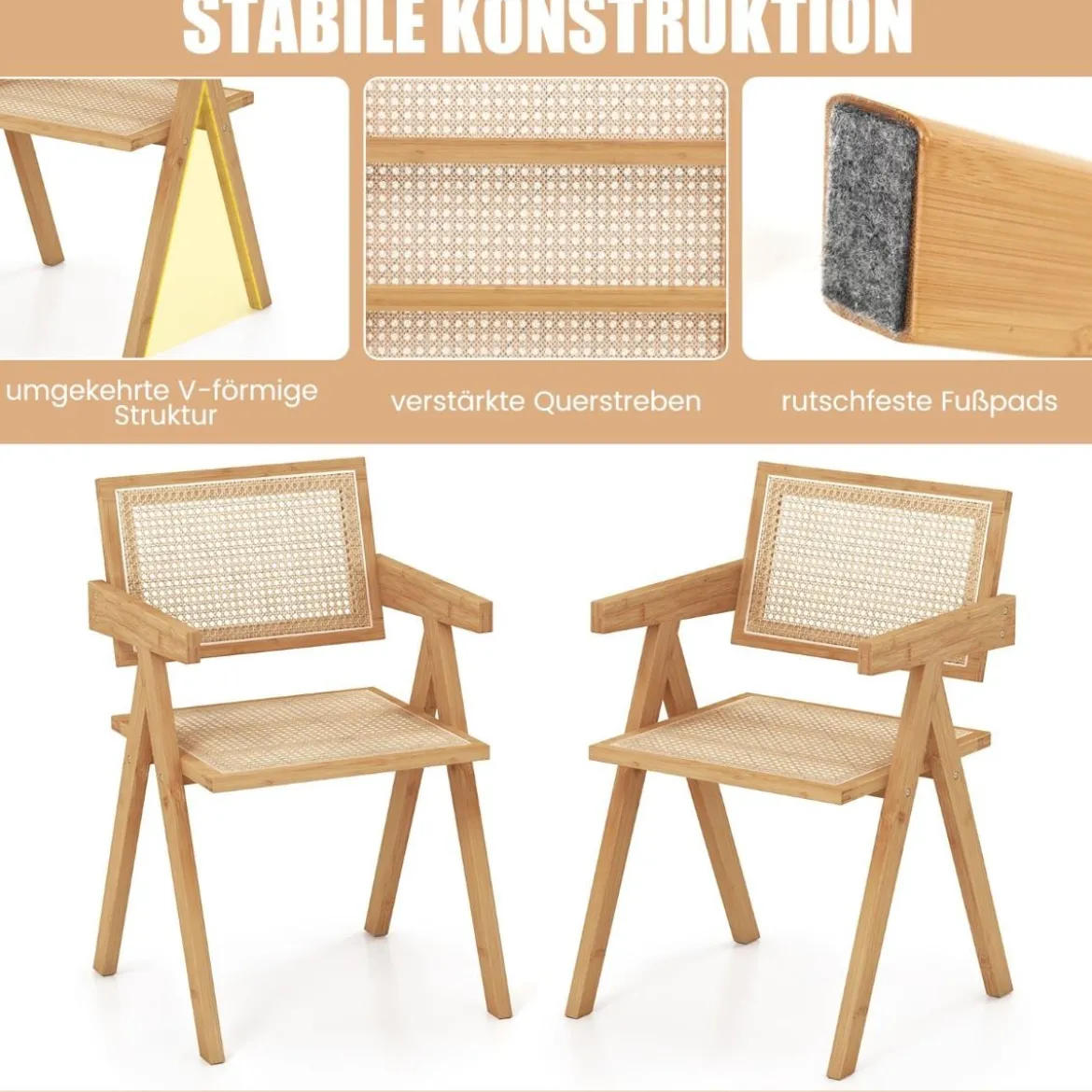 4er Set Esszimmerstuhl Küchenstuhl aus Bambus & simulierter Rattan 50 x 52 x 81cm Natur