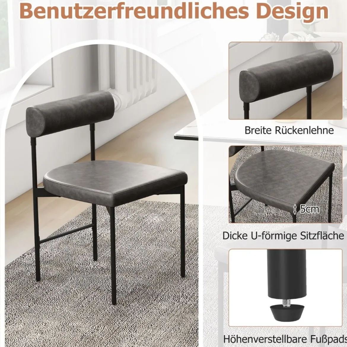 2er Set Esszimmerstuhl Küchenstuhl aus PVC-Leder mit gepolsterter Rückenlehne Grau