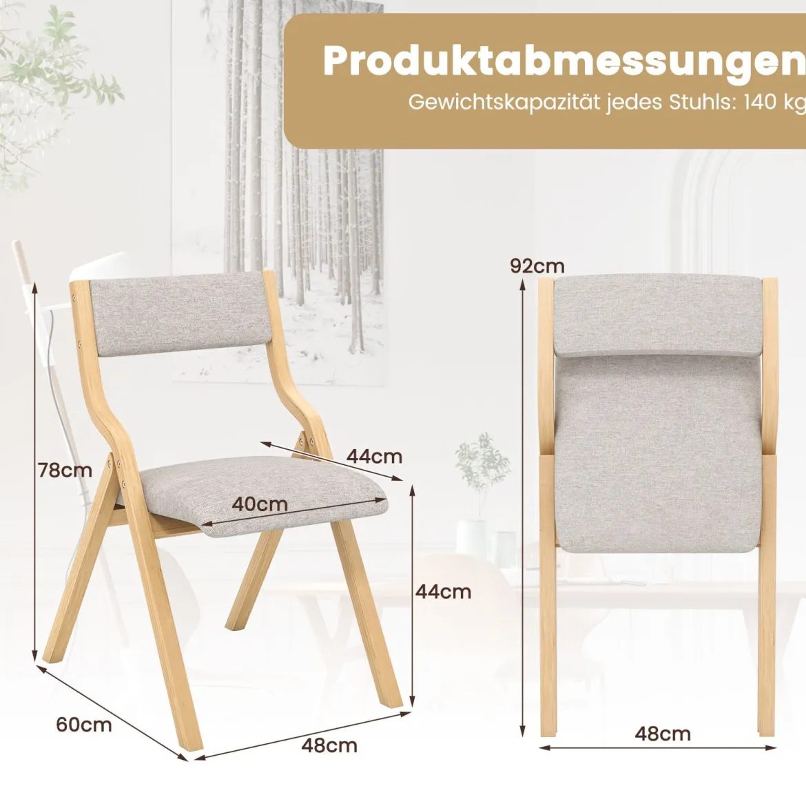 2er Set Esszimmerstuhl mit Gepolsterten Sitzen & Massivholzrahmen Klappstühle Natur