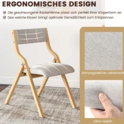 2er Set Esszimmerstuhl mit Gepolsterten Sitzen & Massivholzrahmen Klappstühle Natur