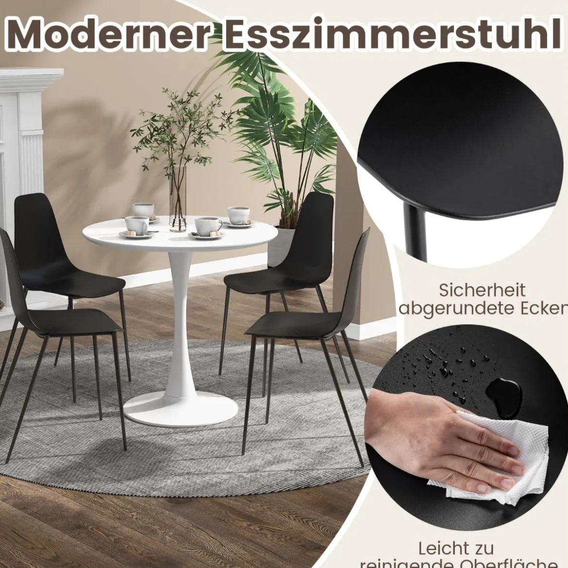 4er Set Esszimmerstuhl ohne Armlehnen mit Metallbeinen Moderne Küchenstühle Schwarz