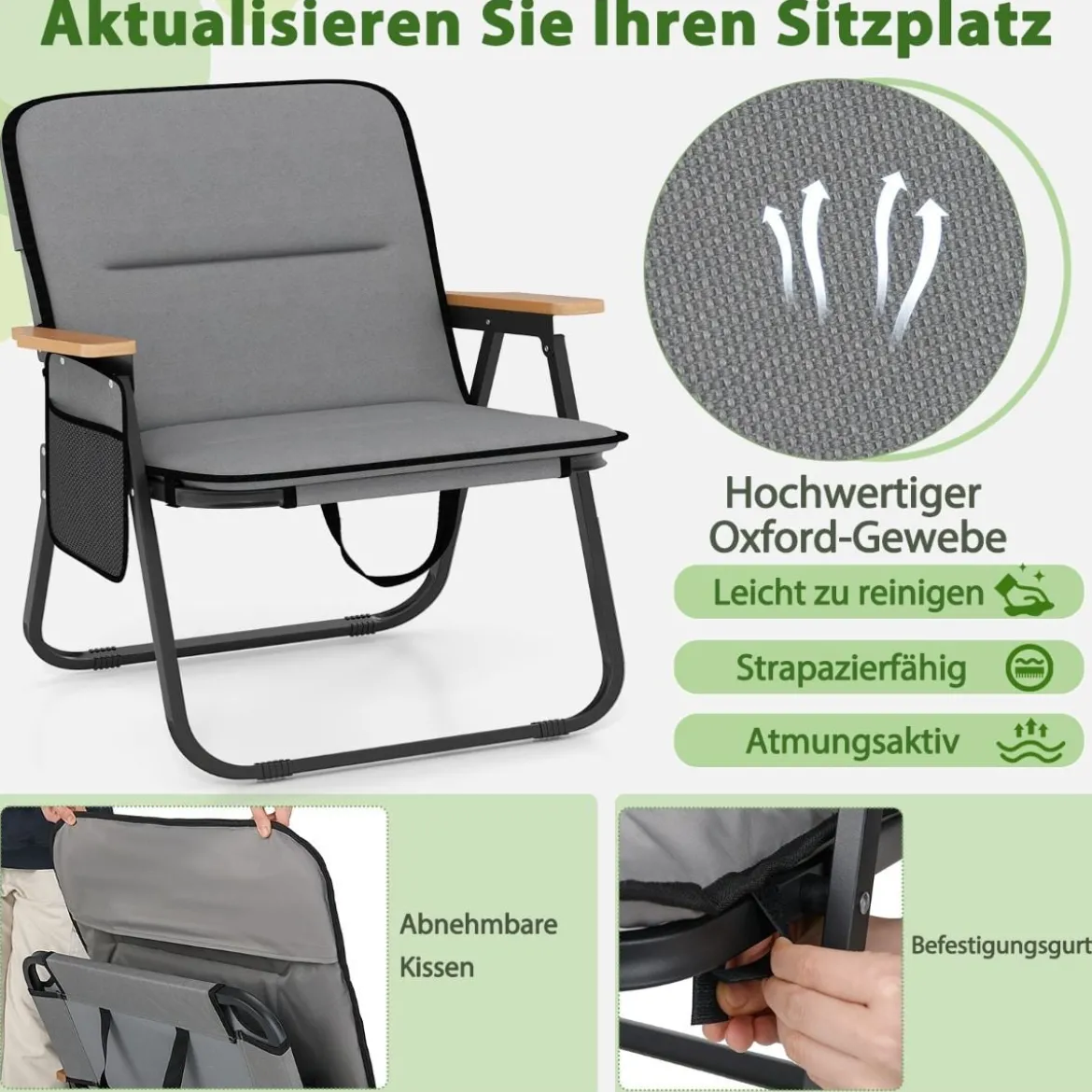2er Set Faltbare Campingstühle mit Abnehmbarem Kissen & Seitentasche Klappstuhl Grau