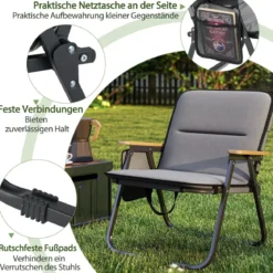 2er Set Faltbare Campingstühle mit Abnehmbarem Kissen & Seitentasche Klappstuhl Grau