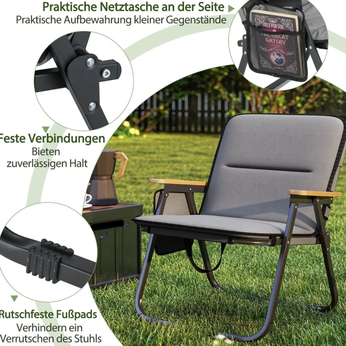 2er Set Faltbare Campingstühle mit Abnehmbarem Kissen & Seitentasche Klappstuhl Grau