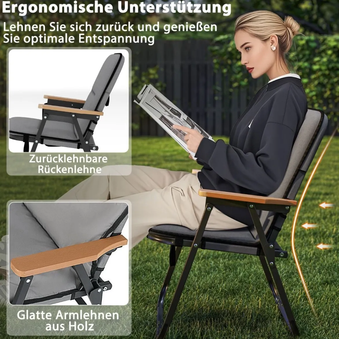 2er Set Faltbare Campingstühle mit Abnehmbarem Kissen & Seitentasche Klappstuhl Grau