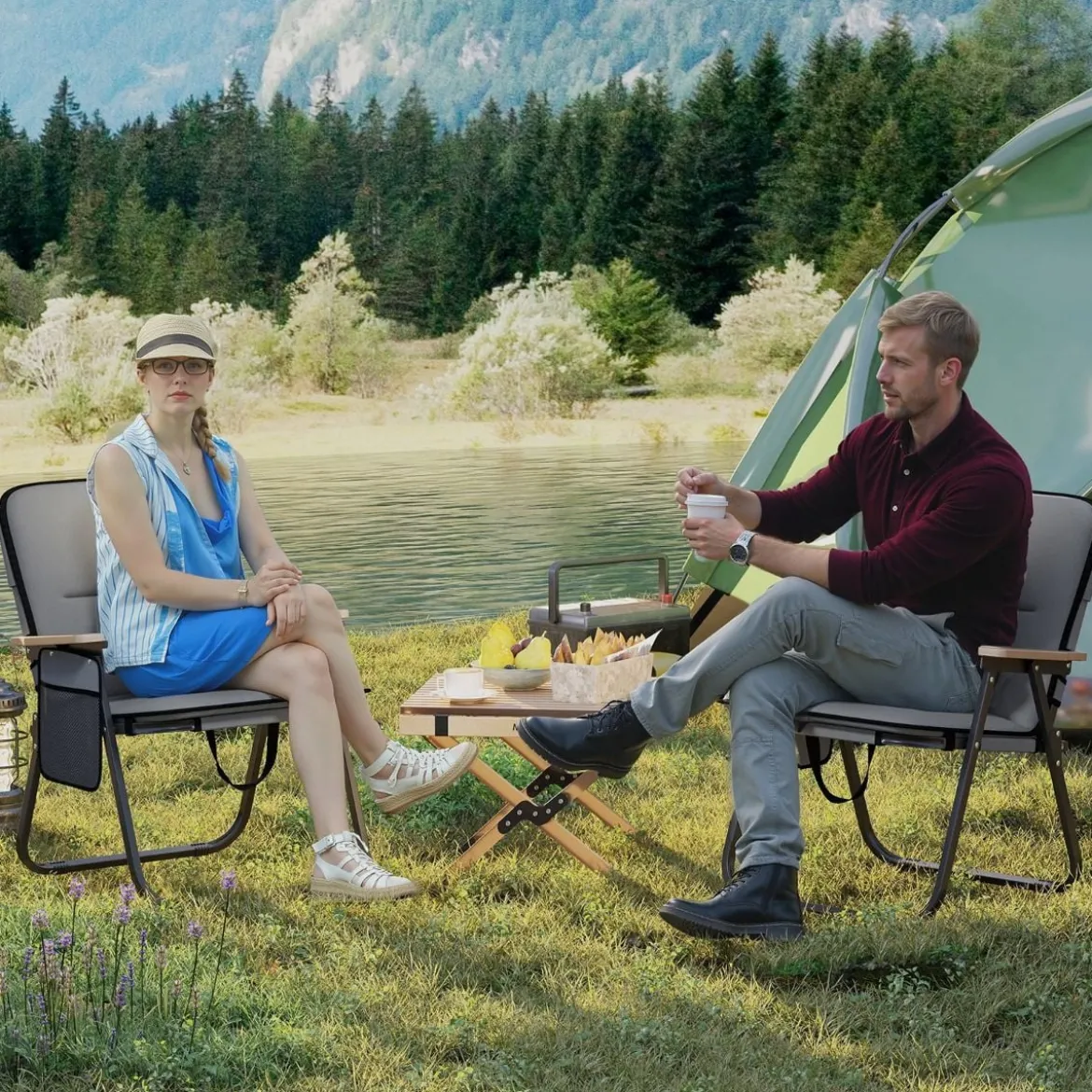 2er Set Faltbare Campingstühle mit Abnehmbarem Kissen & Seitentasche Klappstuhl Grau